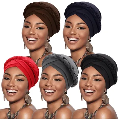 Produktbild von Damen Turban 5 Stück Geflochten Kopfbedeckung Chemo Kappe Vorgebunden Beanie Schlafmütze Polyester Einheitsgröße