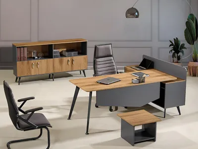 Image de Ensemble de meubles de bureau Table de bureau d'angle Ensemble de 3 pièces en bois brun Bureau