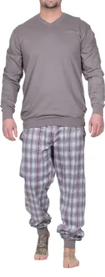 Produktbild von Normann Herren Schlafanzug lang mit Bündchen und Jersey Karo Hose – auch in Übergrößen ; grau , 58