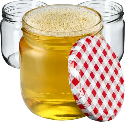 Obrázok produktu pre KADAX zaváracie poháre s viečkom "Salla", poháre na džem, zaváracie poháre, 425 ml, červené šachovnicové, 24 ks