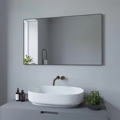 Produktbild von AQUABATOS Wandspiegel Rechteckiger Spiegel Modern Badspiegel Mattschwarzer Aluminiumrahmen 100 x 60 cm horizontaler Einbau