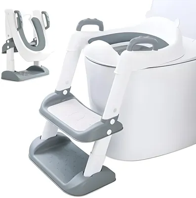 Produktbild von PolkaHome® Kinder-Toiletbrille mit Tritt – Verstellbarer Toilettentrainer für Kleinkinder, 1–7 Jahre, bis 75 kg, Weiß/Grau