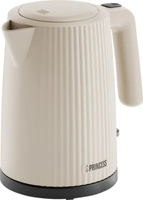 A cream-colored electric kettle with a ribbed texture and a black base, shown against a white background.
