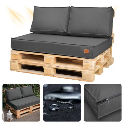 Produktbild von Palettenkissen 120 x 80 Set für Palettenmöbel Wasserdicht Europaletten Sitzkissen  EU Palettensofa komplett besteht aus 3 Teilen in Farbe: Dunkelgrau