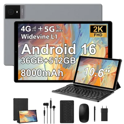 Produktbild von Android 16 Tablet mit 36GB RAM+512GB ROM TF 1TB 4GLTE+5G WiFi IPS 2000×1200 8000mAh Octa-Core 13MP+8MP Widevine L1 BT 5 GPS GMS Tablet mit Tastatur Grau