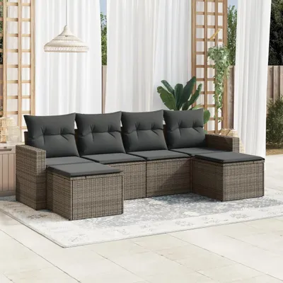 Produktbild von Design 6-tlg. Garten-Sofagarnitur mit Kissen Grau Poly Rattan, Gartenmöbel-Sets 2024 Neu