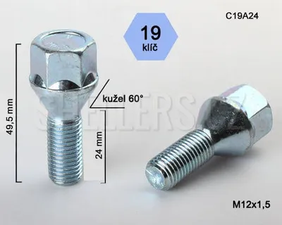 Obrázek produktu pro Kolový šroub M12x1,5x24 kužel, klíč 19, C19A24 výška 49,5 mm