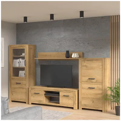 Wohnzimmerschrank HAVANNA Alt-Eiche in Gesamtansicht mit TV-Lowboard, Regal und seitlichen Schränken.