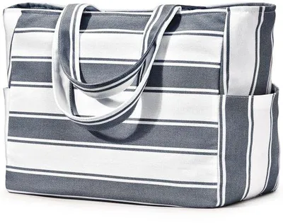 Zdjęcie produktu dla Uniqoos® Duża, wielofunkcyjna torba plażowa i podróżna dla kobiet, pojemność 40 litrów (52 x 22 x 33 cm), wykonana z wodoodpornego i odpornego na rozdarcia poliestru, wzór w paski – ciemnoszary