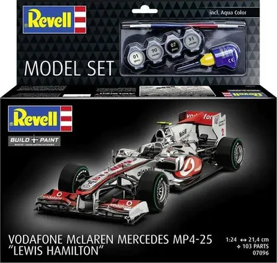 Produktbild von Revell Model Set McLaren Mercedes MP4-25 Lewis Hamilton im Maßstab 1:24 | Modellbausatz inkl. Basisfarben, Modellbaukleber und Pinsel | Länge 21,4 cm | Teileanzahl 103