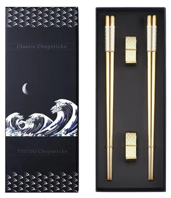 Produktbild von Essstäbchen Edelstahl 2 Paar mit Ständer Gold Japanischer Stil Spülmaschinenfest Geschenkset
