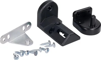 A set of black and silver mounting accessories for a product, including brackets and screws, laid out on a white background.