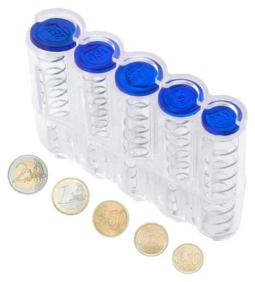 Image de Boîte à pièces avec 5 compartiments, transparente, trieuse de monnaie pour les pièces de 2 € à 10 centimes, en plastique, dimensions : 13 x 8,3 x 3,4 cm