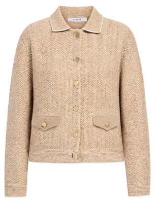 Produktbild von KOSMOS Strickjacke für Damen, braun meliert, Größe 48, mit Fischgratmuster, Pattentaschen und Goldoptik-Knöpfen