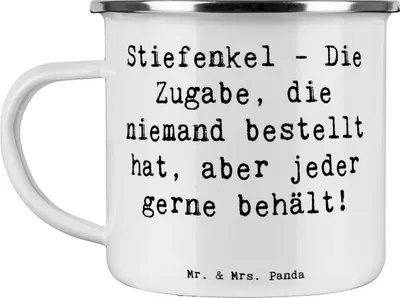 Produktbild von Mr. & Mrs. Panda Emaille Tasse Spruch Stiefenkel Freude - Weiß - Geschenk, Pott, Überraschung, Teetasse, handgemacht, Liebe, Personalisiert, Familienzusammenhalt, Haferl