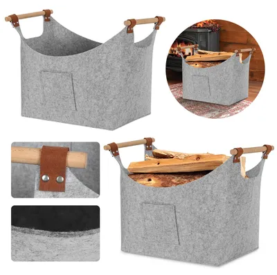 Produktbild von Vigevee 2x Kaminholzkorb Filzkorb 45×40×32 cm, 3 mm, faltbar, mit Holzgriffen und Seitentaschen, Hellgrau