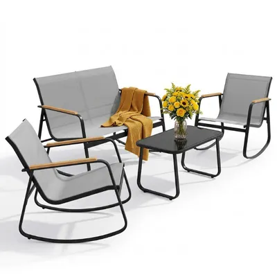 Produktbild von BEALIFE Gartenmöbel-Set 4-teilig mit Gartentisch | 4 Schaukelstühle aus Mesh & Glas-Tisch | Für Terrasse & Balkon | Schwarz/Hellgrau | WR314