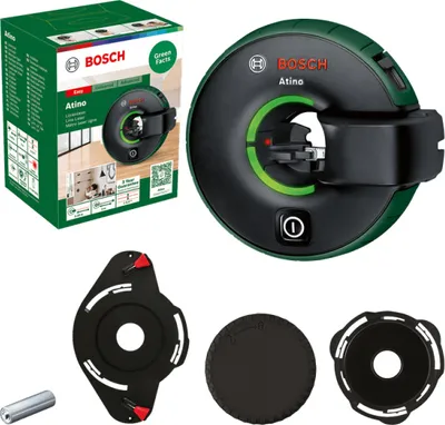 A Bosch Atino laser leveler and its accessories are displayed against a white background, with the product's packaging also visible.