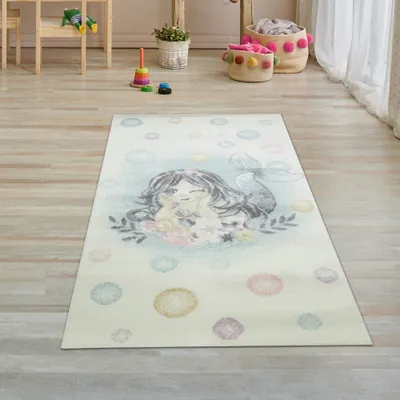 Produktbild von Kinderzimmer Spielteppich - Meerjungfrau Wasserblasen türkis creme Größe - 80 x 150 cm