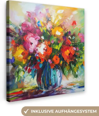 Produktbild von MuchoWow® - Leinwandbilder - Blumen - Bunt - Blumentopf - Ölgemälde, Wandbild, Wanddeko Bilder Wohnzimmer, 20x20 cm