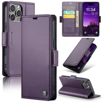 Produktbild von Lederhülle für iPhone 16 Pro Brieftasche Kartenfach Schutzhülle mit Standfunktion Lila