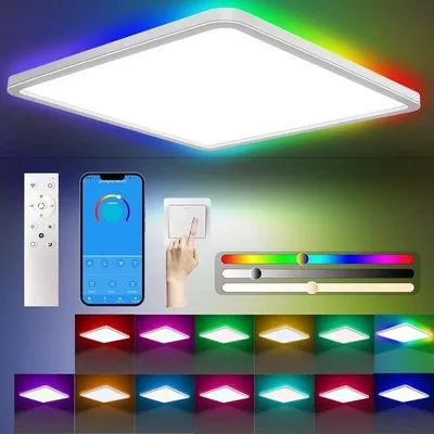 Productafbeelding van Afstandsbedienbare plafondlamp met vierkante vorm, 24W, 3200lm, dimbare kleurtemperatuur (3000K-6500K), 13 kleuren, waterdicht (IP54), geschikt als slaapkamerlamp