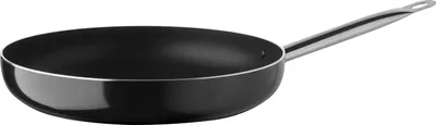 A black frying pan with a silver handle is shown against a white background.