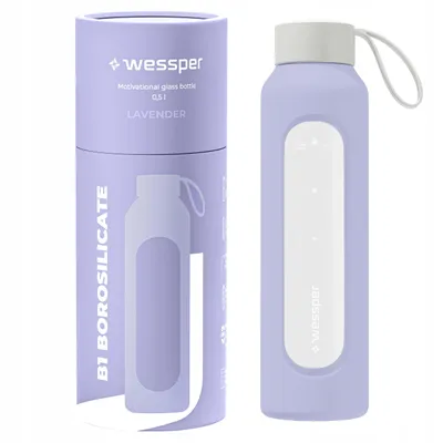 Image de Bouteille en verre Wessper avec housse en silicone – 0,5 L – avec repères horaires – Lavande