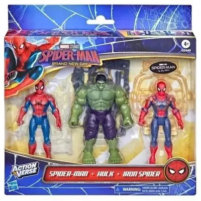 Zdjęcie produktu dla Marvel Spider-Man Spider-Man Hulk i Iron Spider z serii ActionVerse z filmu "Spider-Man Całkiem nowy dzień" Marvela, 4 lat(a), Super Heroes, Kopolimer akrylonitrylo-butadieno-styrenowy (ABS), Polipropylen (PP), Polichlorek winylu (PVC)