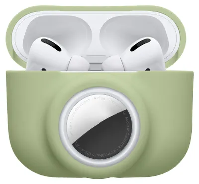 Produktbild von kwmobile 2-in1 Schutzhülle für Apple Airpods Pro (1.Gen) Hülle - Kopfhörer Silicon Case kompatibel mit AirTag - stoßfestes Cover mit Karabiner - Grün