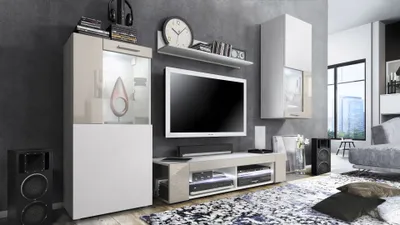 Produktbild von Vladon Wohnwand Movie, Anbauwand bestehend aus 1 TV-Board, 2 Vitrinen und 1 Regal, Weiß matt/Weiß matt/Sandgrau Hochglanz, inkl. LED-Beleuchtung weiß (Gesamt: 300 x 190 x 39 cm)
