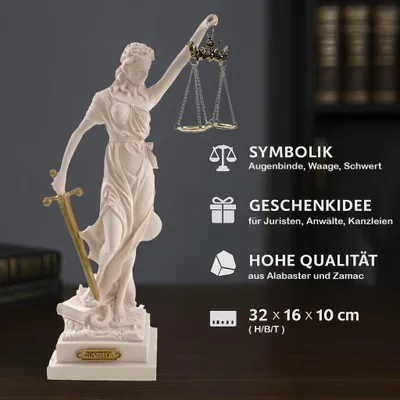 A statue of Justitia (Lady Justice) with accompanying text describing its symbolism, as a gift idea, and its quality and dimensions.