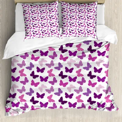 Produktbild von ABAKUHAUS Schmetterling Bettbezug, Schmetterling Geschnitzte Flügel, Milbensicher Allergiker geeignet mit Kissenbezügen, 155 cm x 220 cm - 80 x 80 cm, Lila Lila Rosa