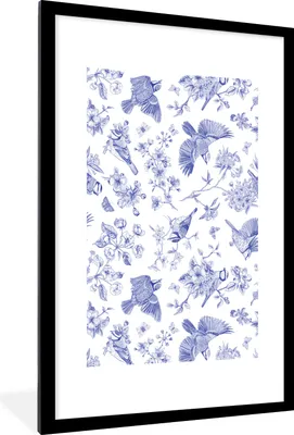 Produktbild von MuchoWow® MuchoWow® Gerahmtes Poster Vintage - Vogel - Blumen - Blau 60x90 cm - Poster mit zchwarzem Bilderrahmen - Dekoration - Wandposter Wohnzimmer - Hochwertig