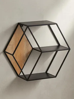 Produktbild von Wandregal 60x52x20 cm Mango Massivholz / Metall Hängeregal Industrial, Design Schweberegal Sechseckig, Dekoregal Hängend Wabenform, Regal Wand mit 3 Ablagen