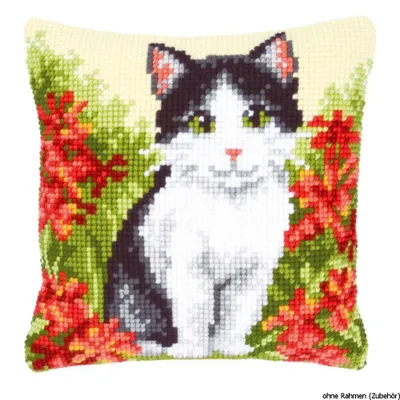 Produktbild von Vervaco Kreuzstichkissen "Katze in Blumenfeld", Stickbild vorgezeichnet