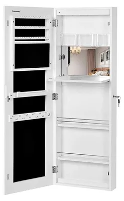 Image de Armoire à bijoux avec porte miroir sans cadre, plusieurs compartiments, blanche, 37 x 110 x 9,5 cm