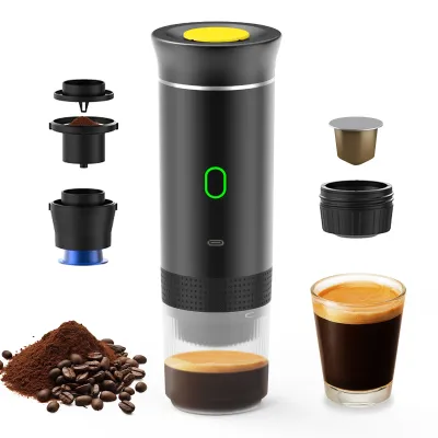 A portable coffee maker is shown with its accessories, coffee beans, ground coffee, and a finished espresso shot.