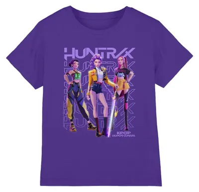 Productafbeelding van K-Pop Demon Hunters Uni Kinder T-shirt, model Huntrix, met het motief "Golden Trio" en de kleur violet