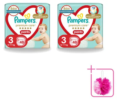 Zdjęcie produktu dla 2 sztuki pieluchomajtki Pampers Premium Care, rozmiar 3 (6–11 kg) – opakowanie ekonomiczne