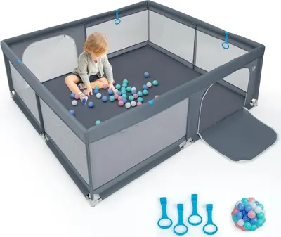 Produktbild von GOPLUS 200x180cm Baby Laufstall, Laufgitter, 4 Handringe & 50 Spielbällen, Krabbelgitter mit atmungsaktivem Netz, Tür & Reißverschluss