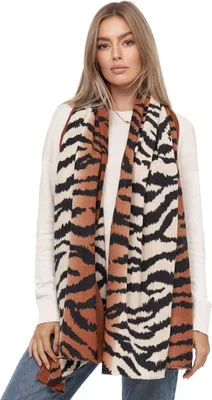 Produktbild von Glamexx24 Damen XXL Schal Kuscheliger warmer Leoparden Muster 3 farbiger Fransen Poncho Schal Oversized Deckenschal Orange-Weiß-Schwarz