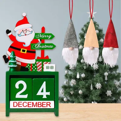 Productafbeelding van Kerstkalender van hout met 3 stuks MIni kerstmanhangers - Doe-het-zelf aftelkalender - Houten tafelkalender om neer te zetten en te decoreren