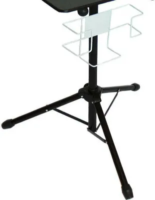 A black tripod stand with a black table top and a white holder.