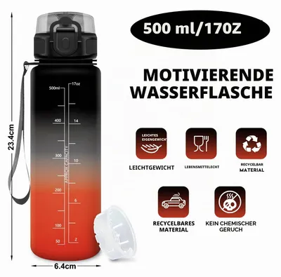 Produktbild von Trinkflasche 500ml Auslaufsicher mit Zeitmarkierung, BPA-frei, JAPORIA