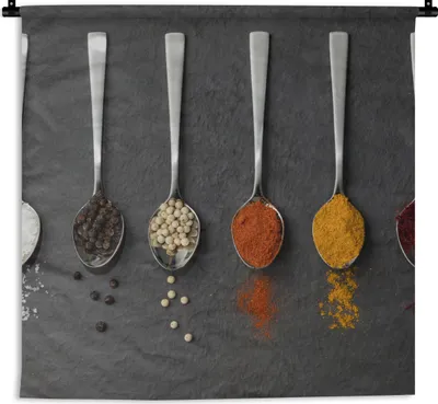 Produktbild von MuchoWow® Wandteppich Wandbehang Gewürze - Löffel - Tisch - Rustikal - Gewürze 150x150 cm Tapisserie Dekoration Wandtuch - Wohnaccessoires - Modernes