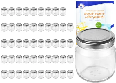 Produktbild von 50er Set Rundglas 212 ml nieder To 66 silberner Deckel Sturzgläser Einkochgläser incl. Rezeptheft