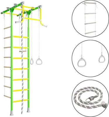 Produktbild von Sprossenwand für Kinder Indoor Klettergerüst aus Metall mit Gymnastikschaukel und Strickleiter  – Comet 1, hellgrün