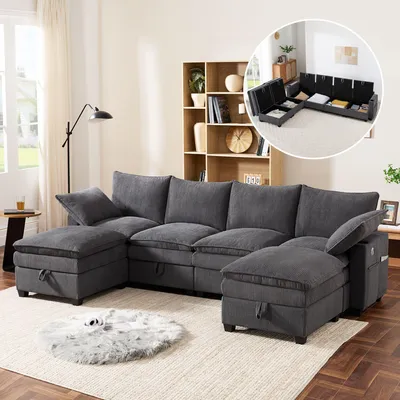 Immagine prodotto di Merax Divano angolare a L/U 6 posti, con poggiapiedi estraibile, USB, vani portaoggetti, portabicchieri, rivestimento in velluto a coste Divano modulare, set di divani, grigio