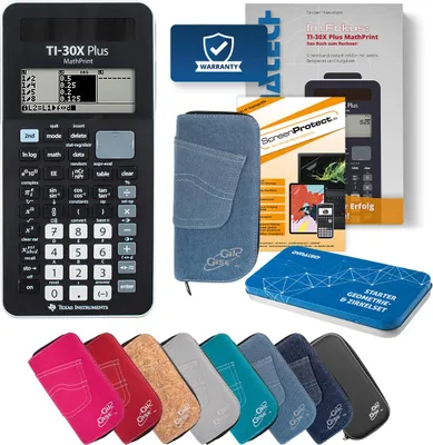 Produktbild von TI-30X Plus MP Taschenrechner mit Tasche hellblau, Schutzfolie, Buch & Zirkel Set